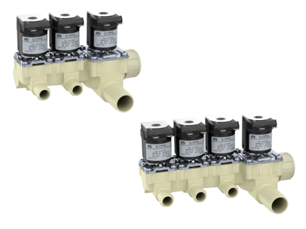 Servo-controlled solenoid valve NC, three- / fourfold, DN 10, DN 17